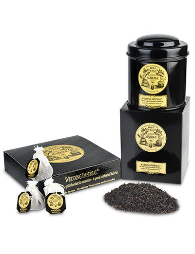 Sachets and tins of loose leaf Mariage Frères Wedding Imperial Tea.