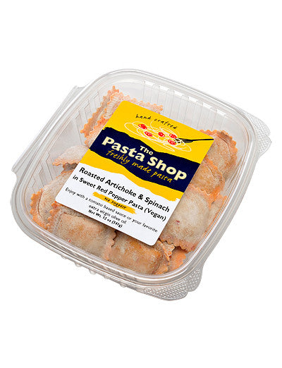 The Pasta Shop fresh vegan artichoke and spinach vegan ravioli in packaging