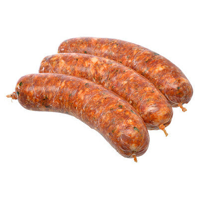 A set of three hot Italian pork sausages on a white background.