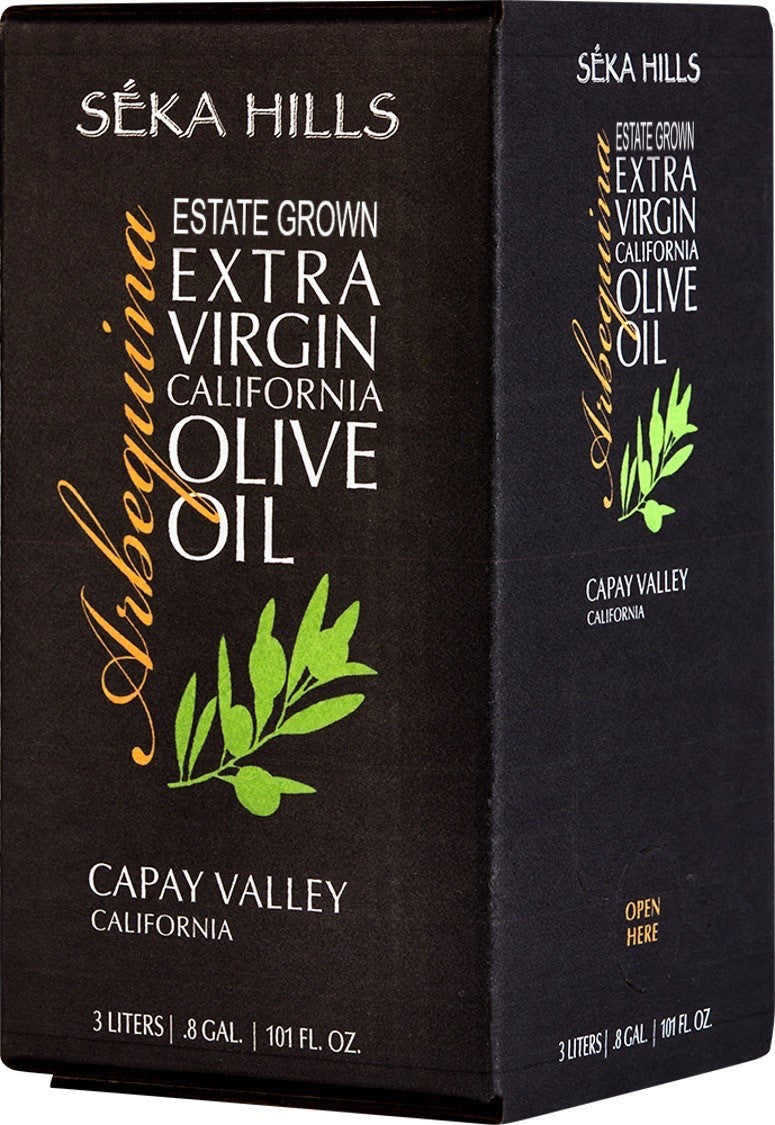Box of Seka Hills 3 liter arbequina extra virgin olive oil